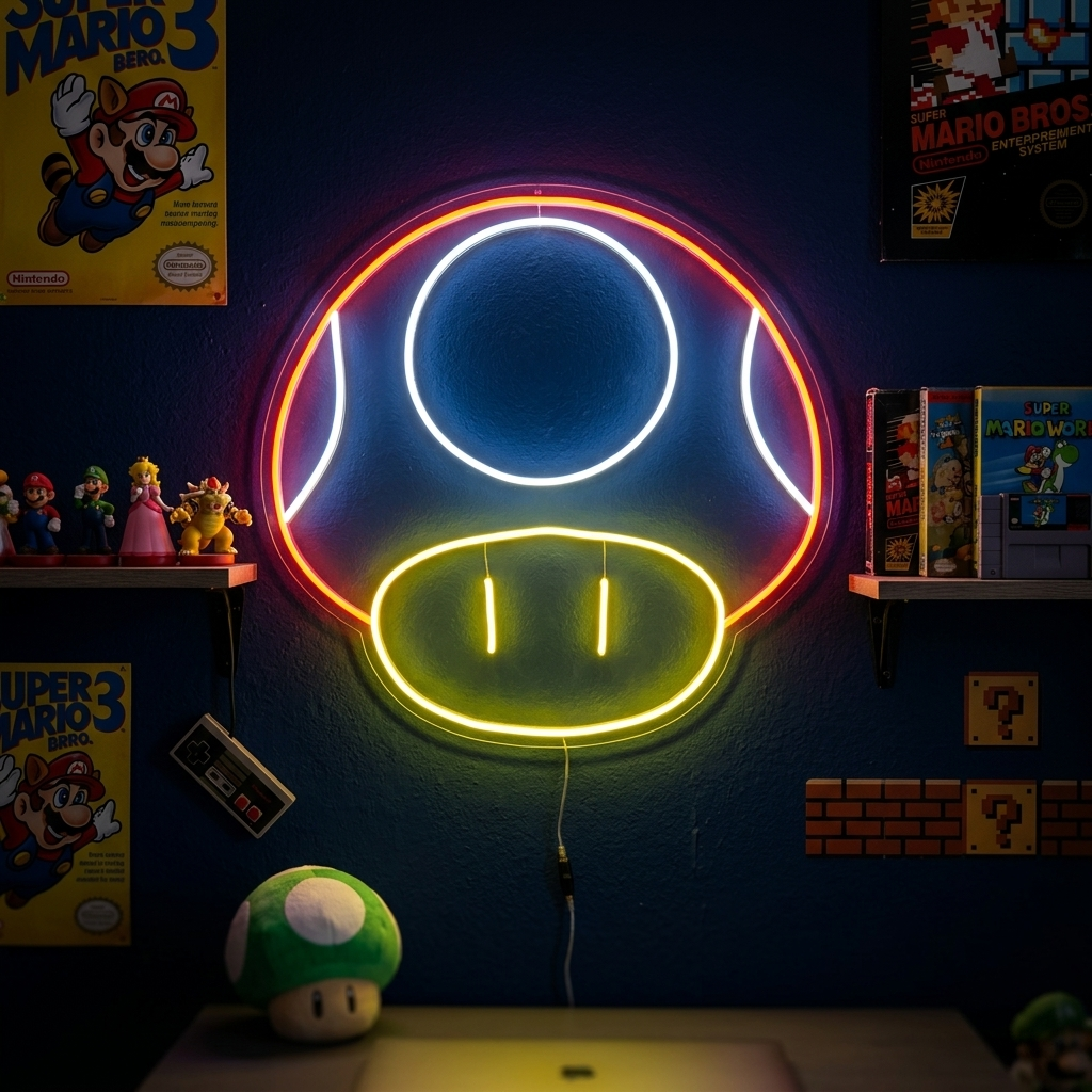A real-world photo of the illuminated red and white Retro Game Mushroom Neon Sign hanging on a gray textured brick wall in a game room with gaming accessories.