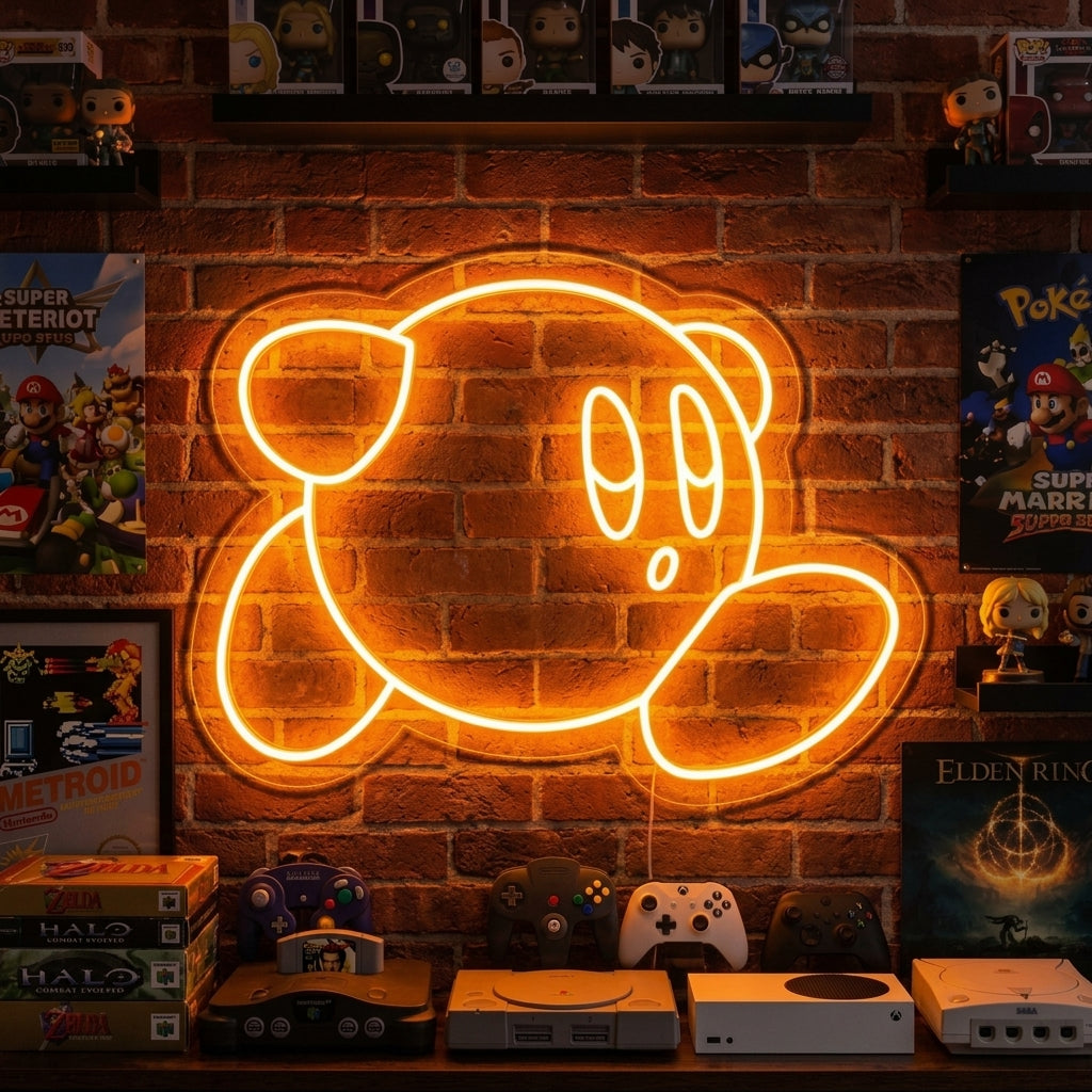 A cute round pink game character neon sign glows with vibrant pink and blue light on a clean brick wall in a cozy room setting.