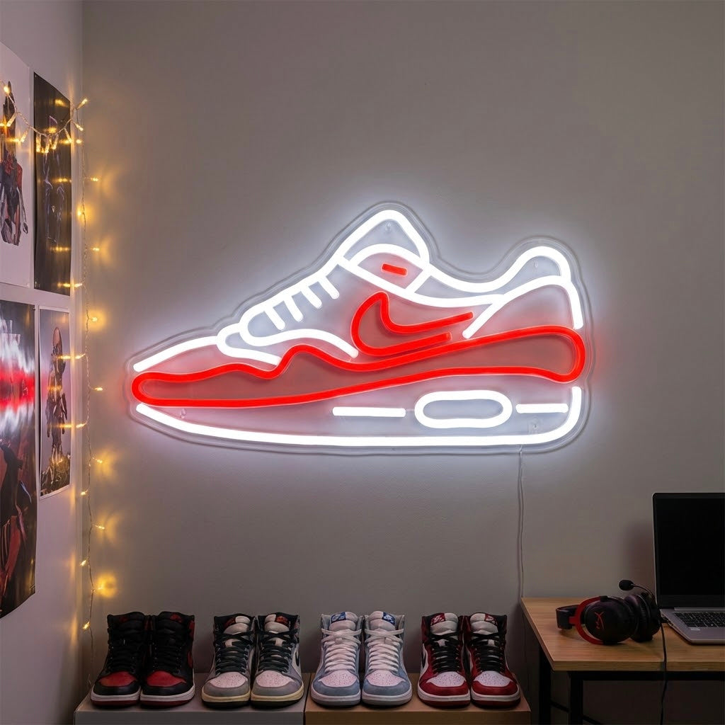 A vibrant blue sneaker neon sign glows brightly above shelves displaying a collection of real sneakers, creating an ambient atmosphere next to string lights in a sneakerhead's room.