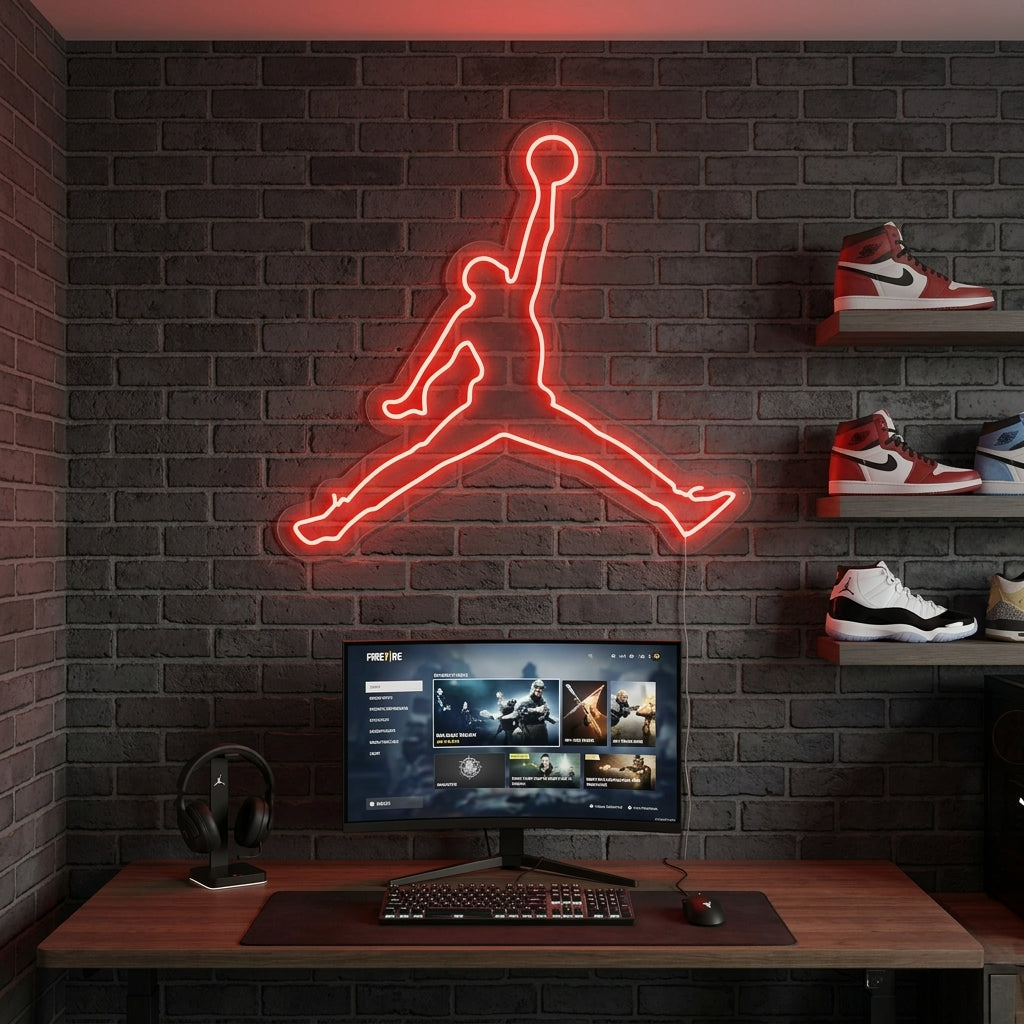 Vibrant basketball jump dunk silhouette neon sign glowing in a sports-themed gaming room setup.