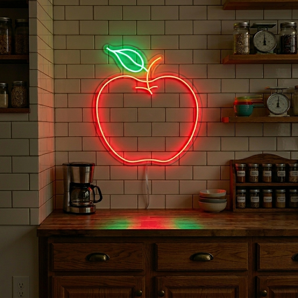 Apple Fruit Neon Sign glowing bright red and green on a kitchen wall next to a bowl of apples.