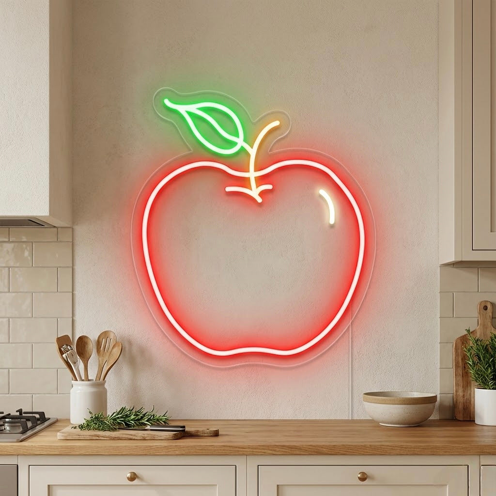 Close-up of the Apple Fruit Neon Sign showing the detail of the glowing tubing and clear acrylic backing in a cozy cafe setting.