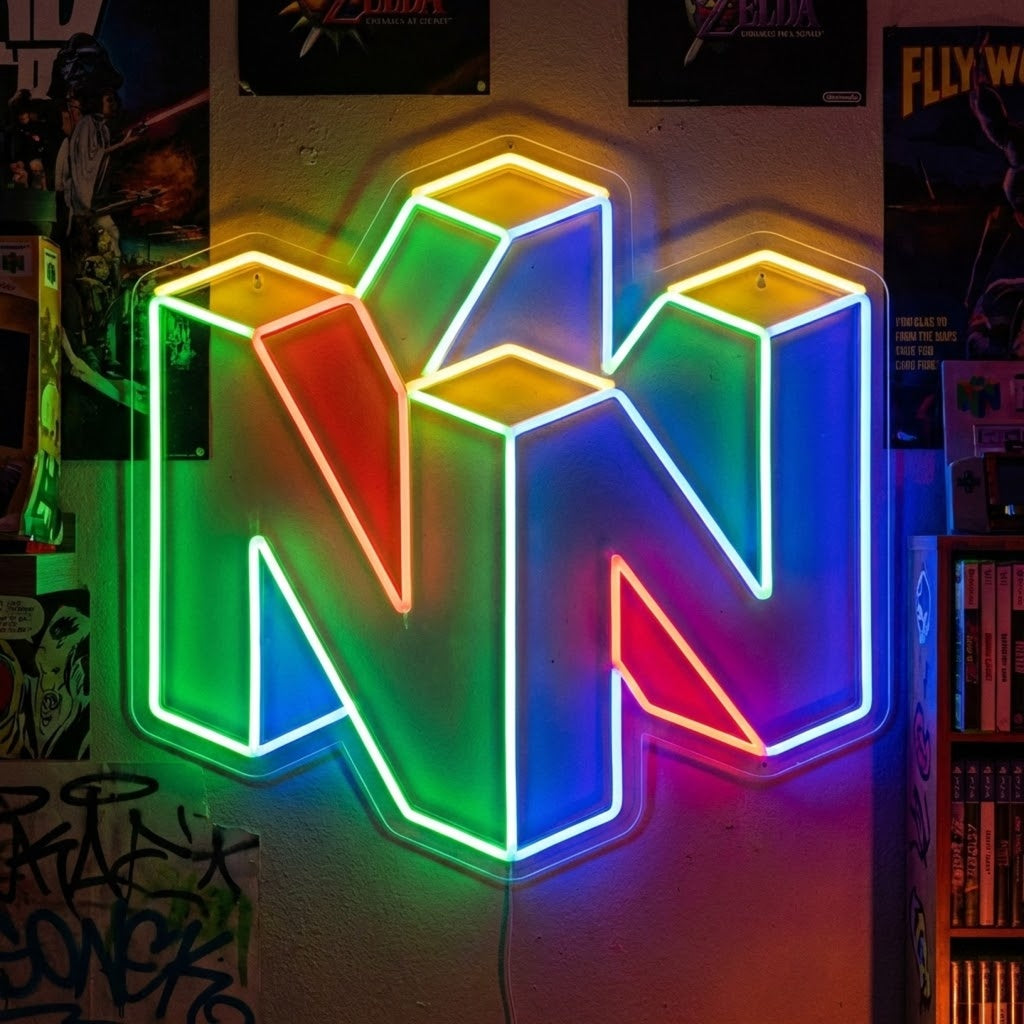 Retro Console Neon Sign replica of an N64 controller displayed on a dark brick wall above a gaming desk