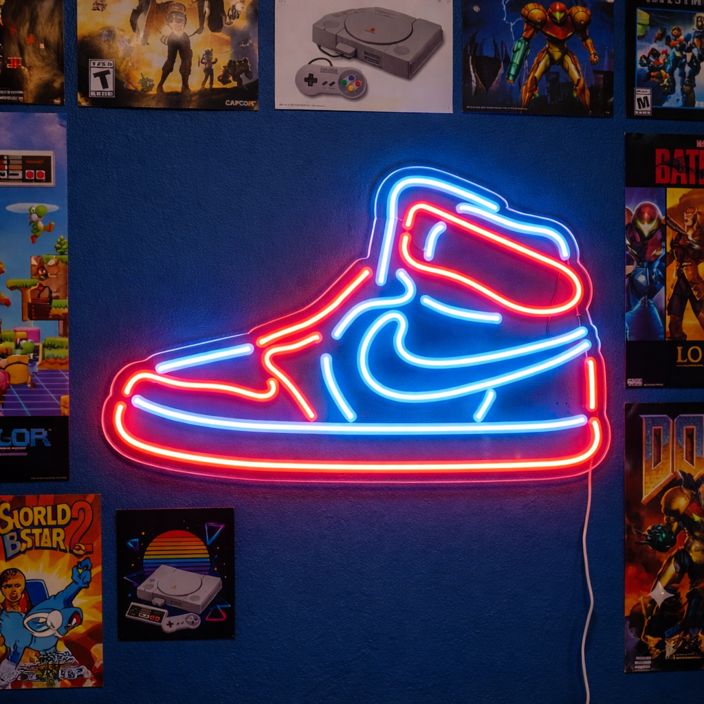 A glowing red neon sign depicting a retro high-top sneaker, mounted on a cluttered wall with posters.