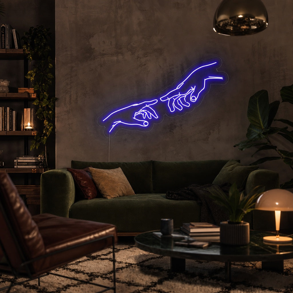Hand of God Neon Sign displayed as wall decor in a modern home interior