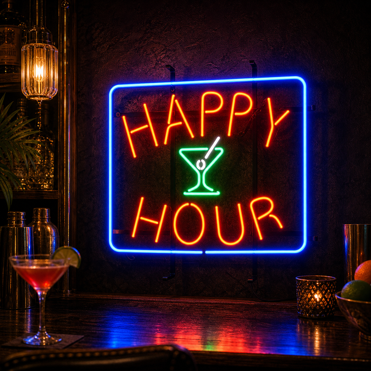 A graphic representation of a 'Happy Hour' neon sign featuring red and yellow neon lettering and a neon beer mug icon against a dark textured background.