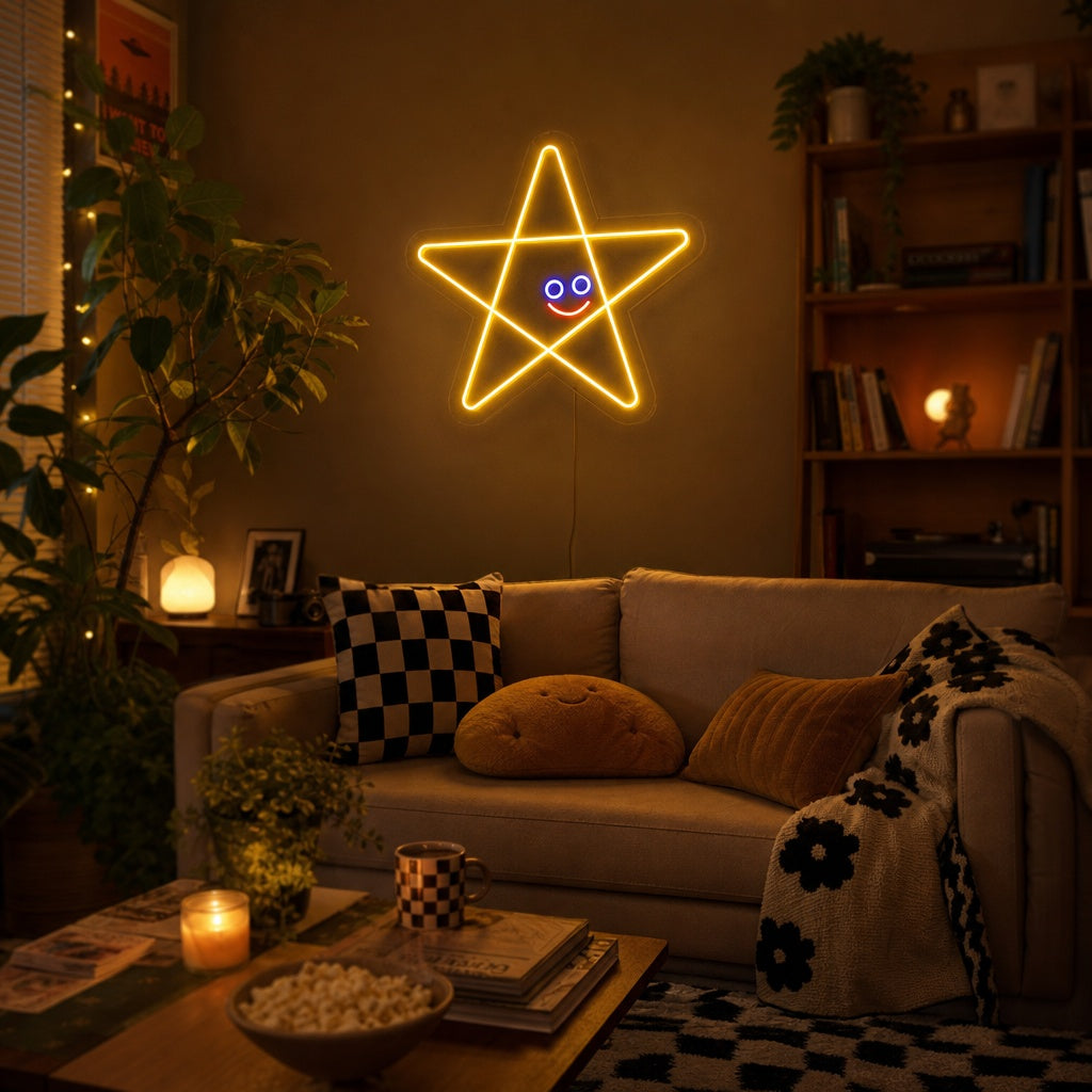 Cheerful yellow smiling star neon sign illuminated and mounted on a bedroom wall above a cozy desk setup with a potted plant.