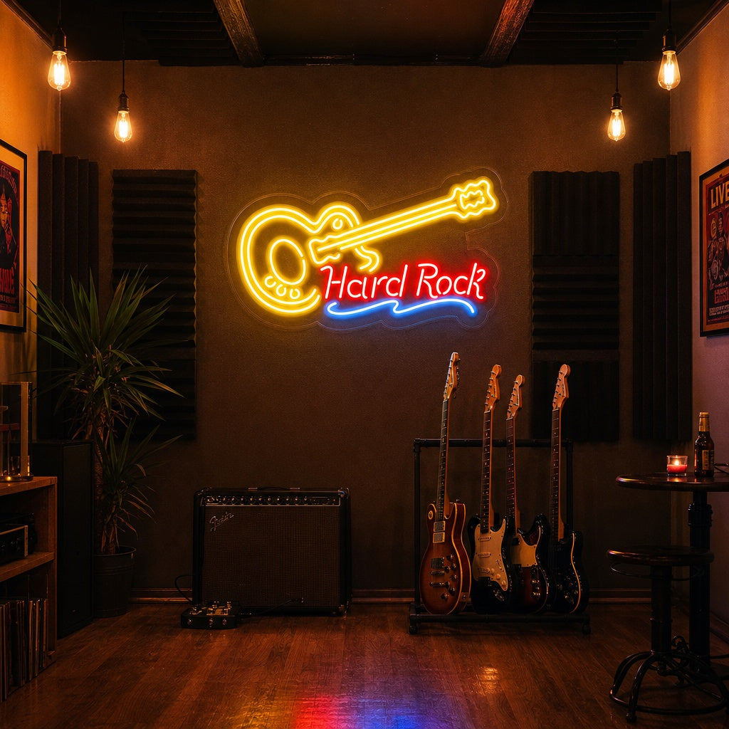 A glowing blue neon sign depicting a guitar and the text 'Hard ROCK LIVE MUSIC' mounted on a dark background.