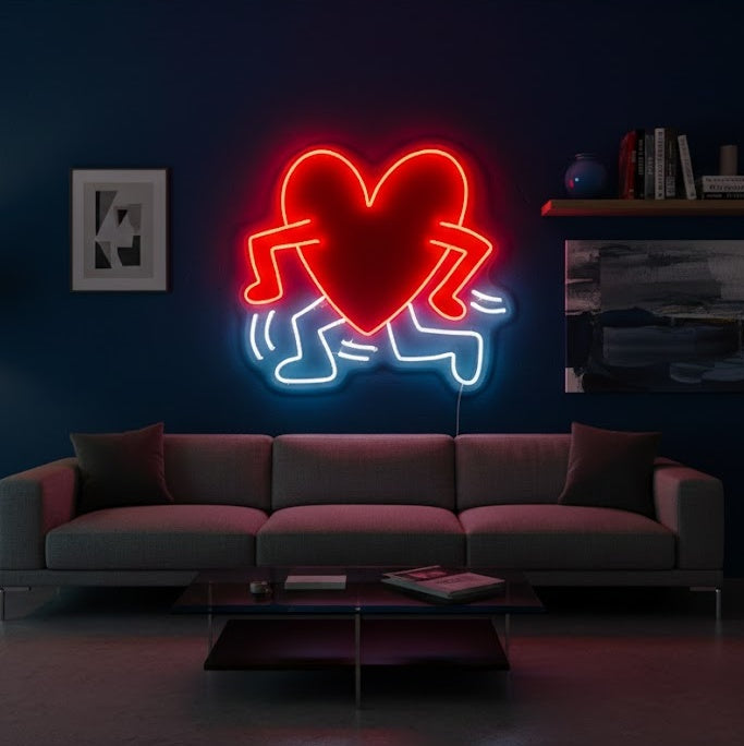 Illuminated Heart Walking neon sign in red on a dark background showing physical fabrication details like wires and acrylic backing.