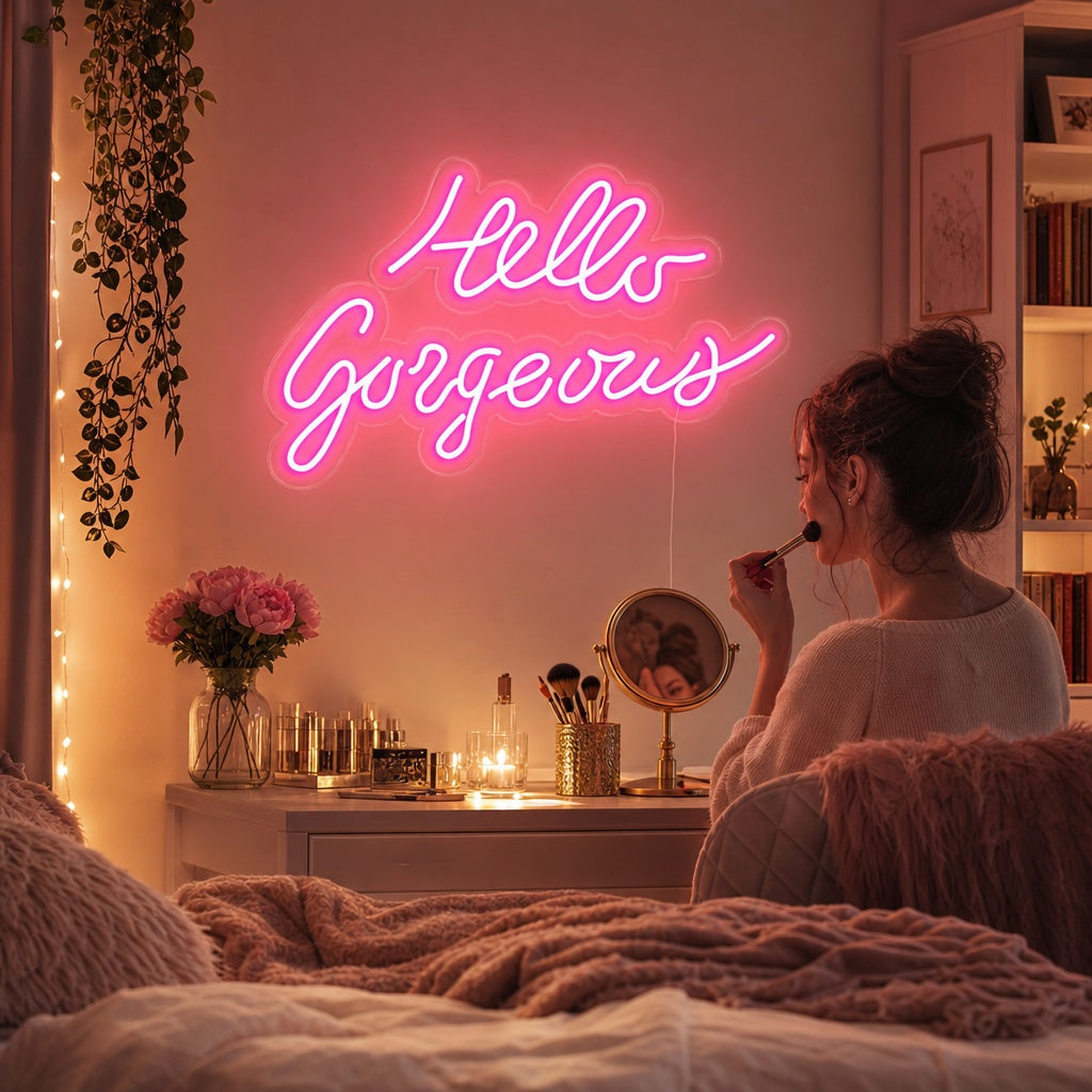 Stylish 'Hello Gorgeous' neon sign in cursive, glowing pink on a textured bedroom wall with decor.