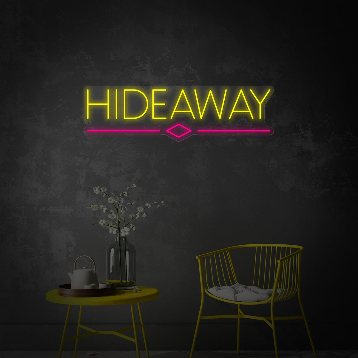 Product design mockup of the Hideaway Beer Bar Flag neon sign on a clear acrylic backing