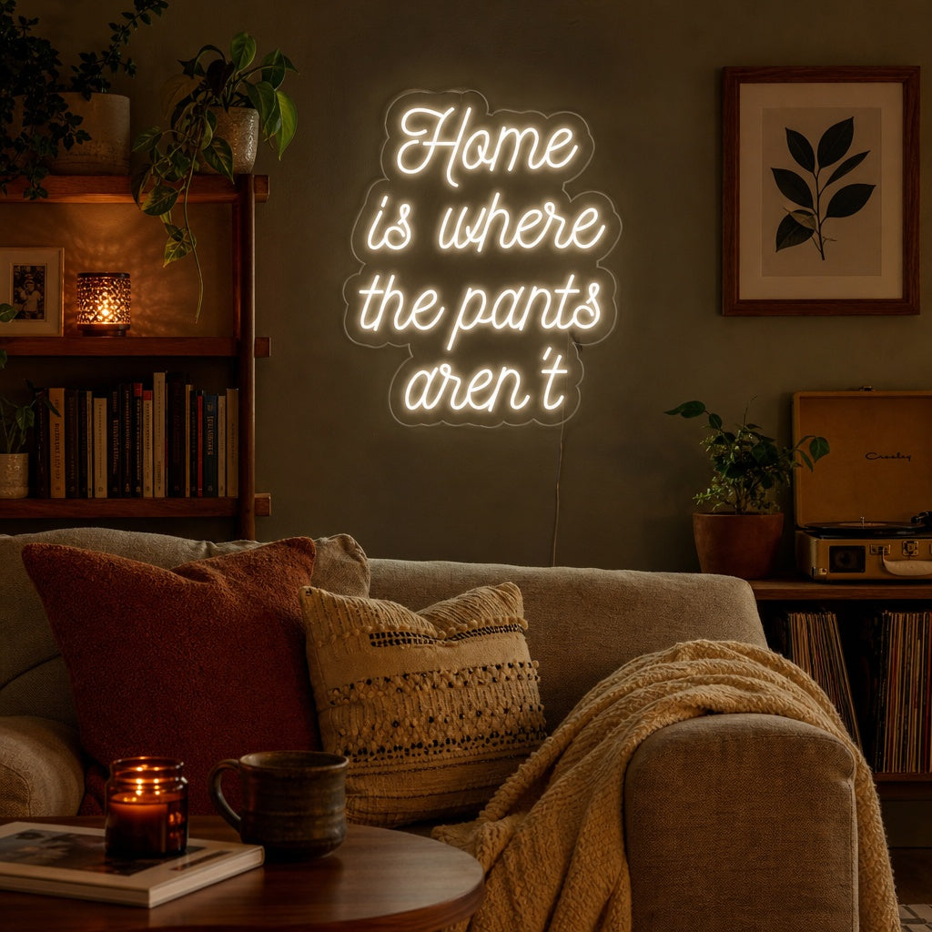 'Home is Where The Pants Arent' neon sign glowing in a home setting above a sofa.