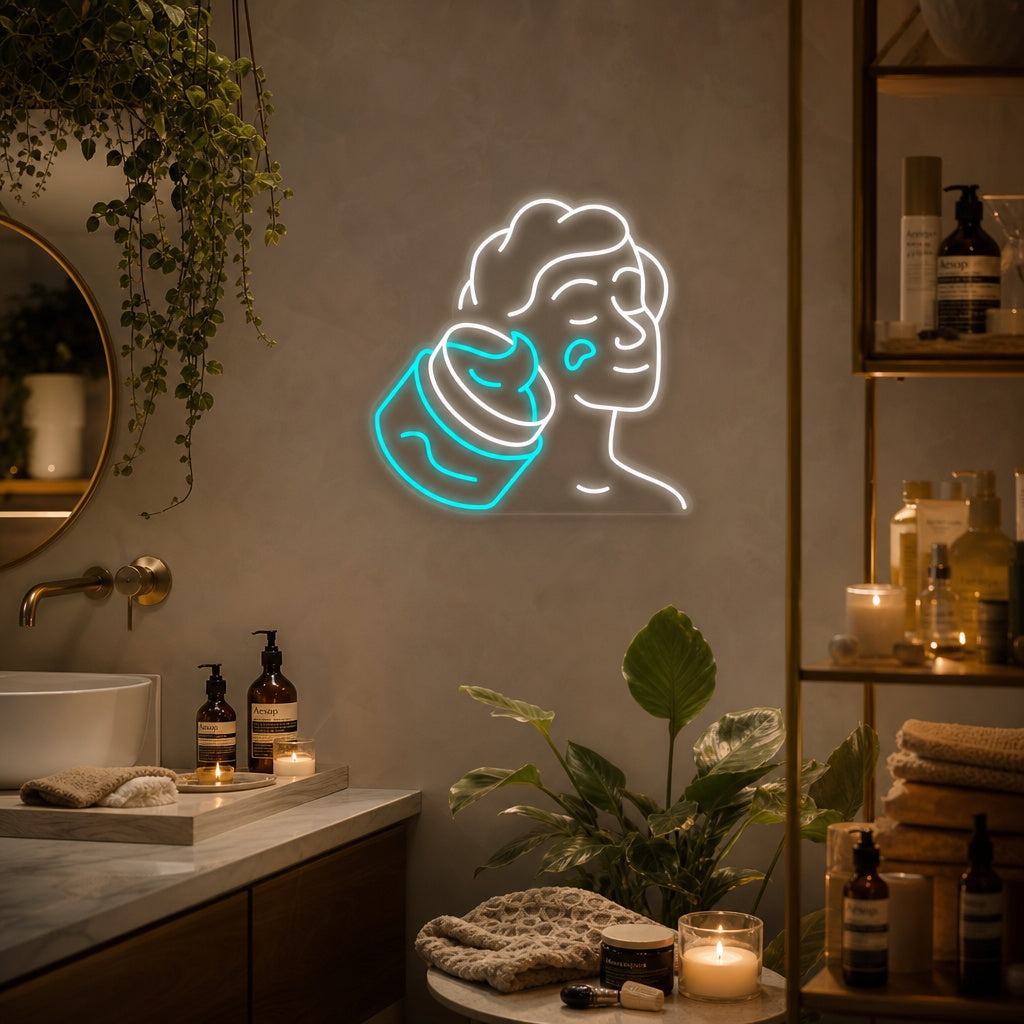 A glowing 'Hygiene Skin Care' neon sign displayed prominently on a wall, illuminating a stylish beauty salon interior or retail display area.