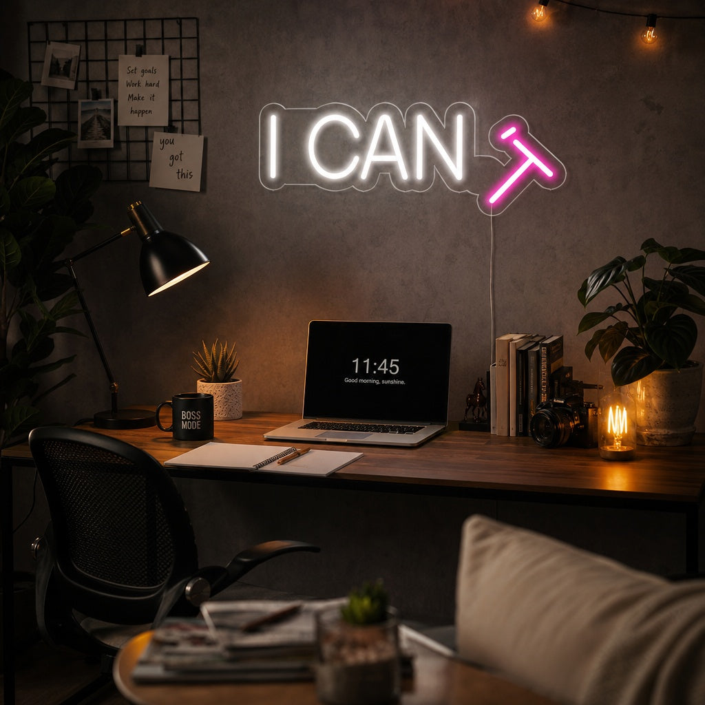 The illuminated 'I CAN T' neon sign with clear tubing and acrylic backing.