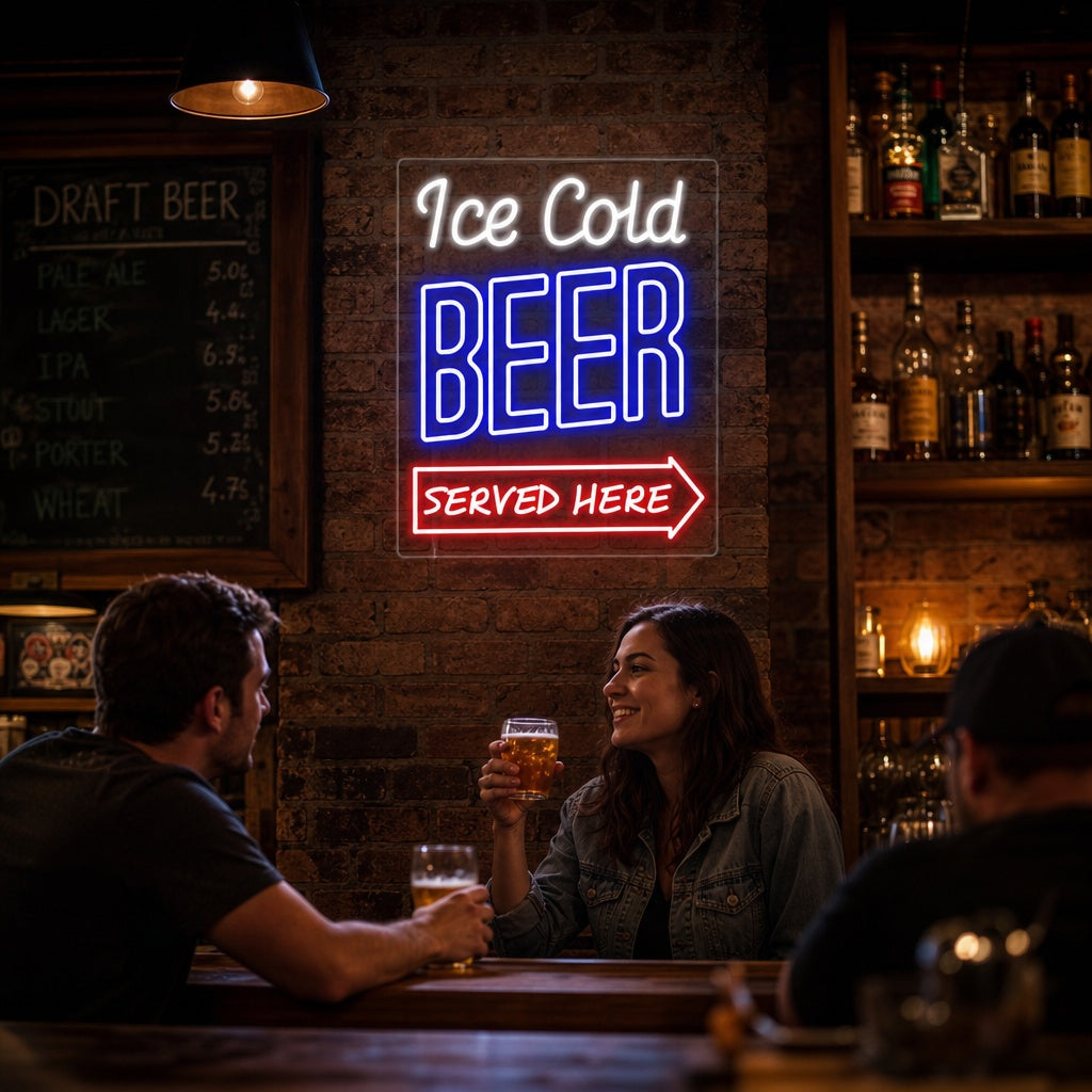 A glowing blue and yellow 'Ice Cold Beer Served Here' neon sign hangs above a rustic wooden bar counter in a cozy home bar setting.