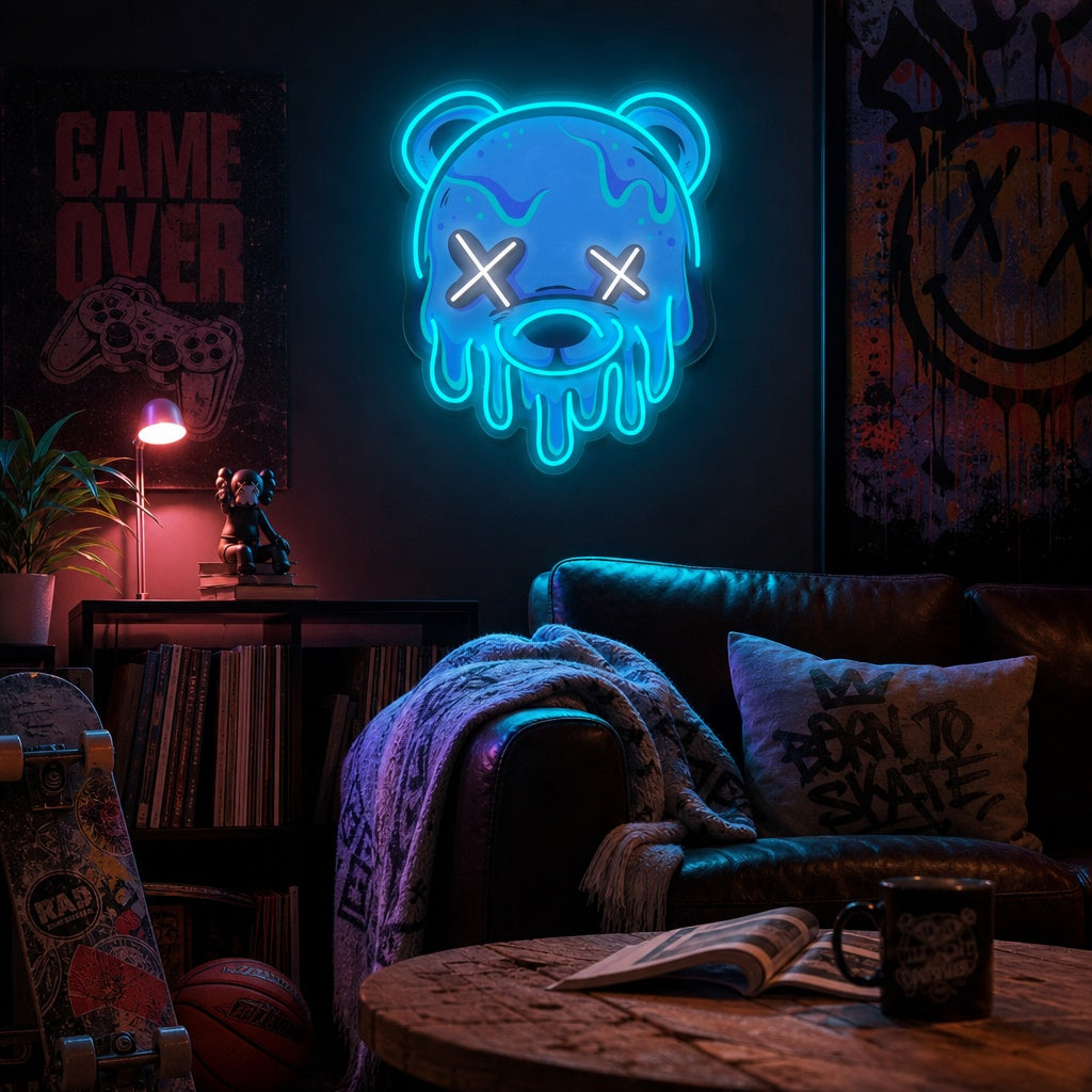 Close-up photograph of the illuminated Ice Head Bear UV Print neon sign, showing the glowing edges and the detailed UV-printed artwork of the melting bear with 'X' eyes on the acrylic backing.