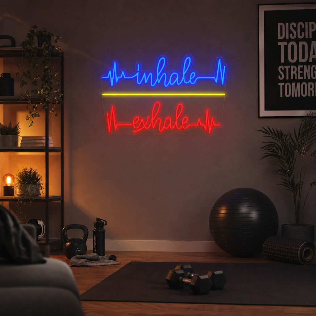 A lifestyle photo of the 'Inhale Exhale Heartbeat' neon sign mounted on a clean brick wall in a tranquil fitness studio, glowing with a bright pink light.