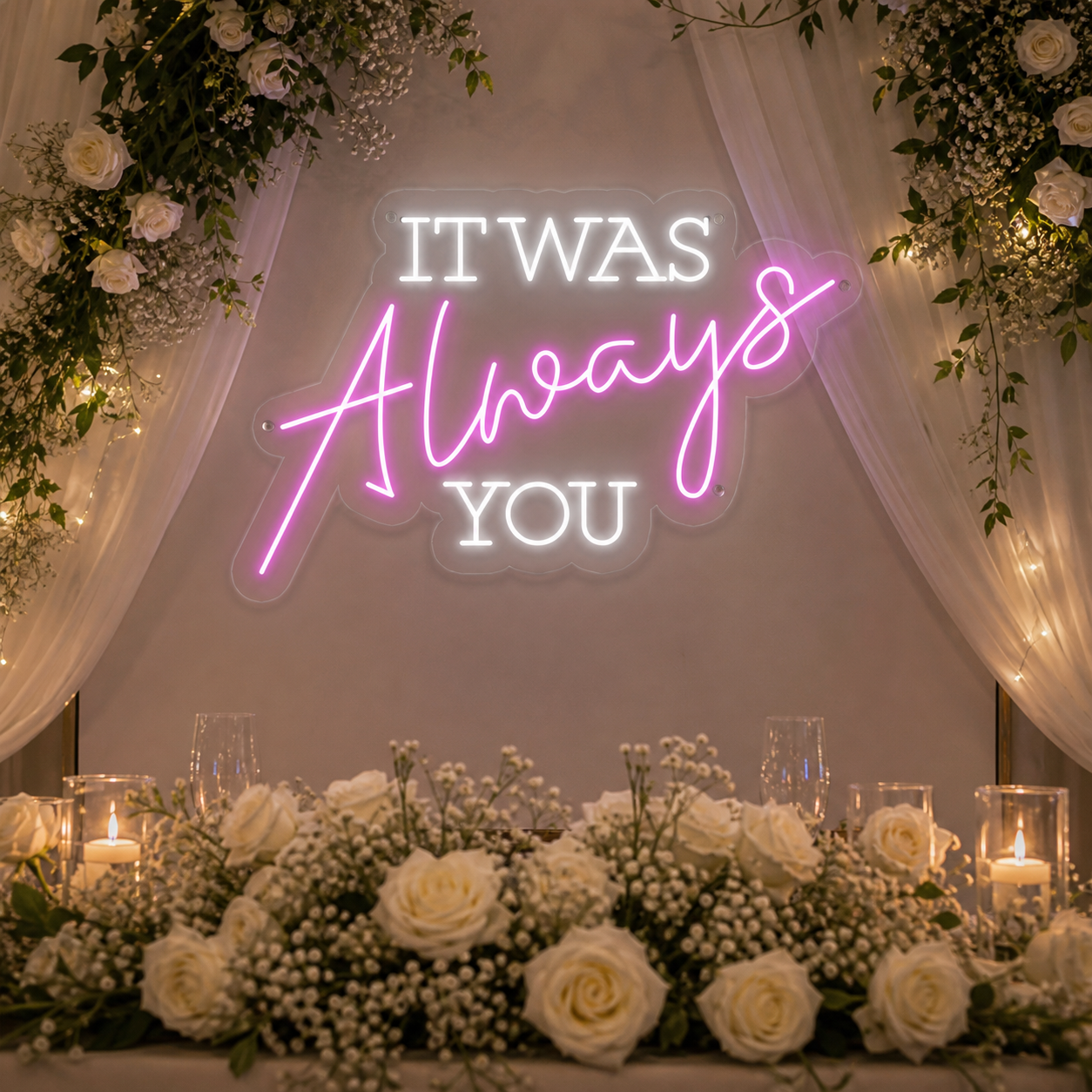 It Was Always You neon sign glowing in a beautifully decorated bedroom with soft lighting