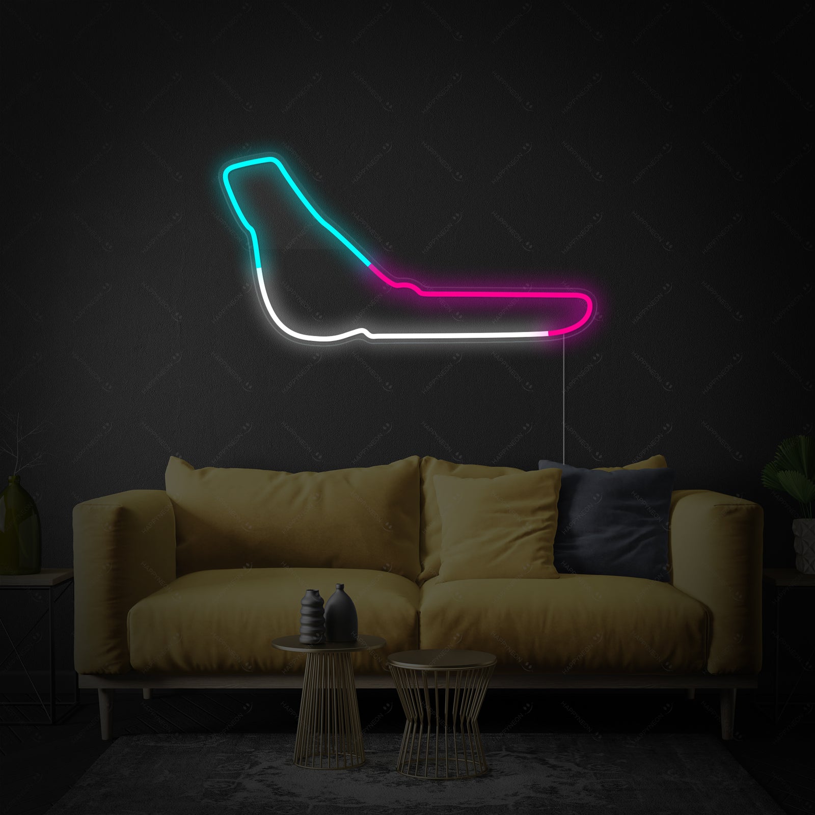 A design visualization of the Monza F1 track neon sign showing the track shape and integrated power cord.