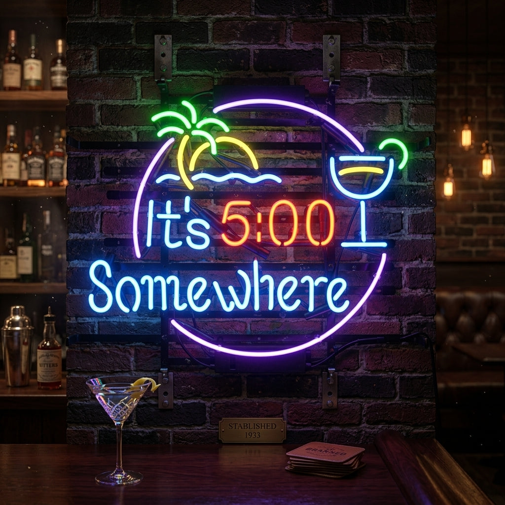 Vintage-style neon sign featuring glowing text that reads 'It's 5:00 Somewhere' in casual script, mounted on a dark background for classic bar decor.