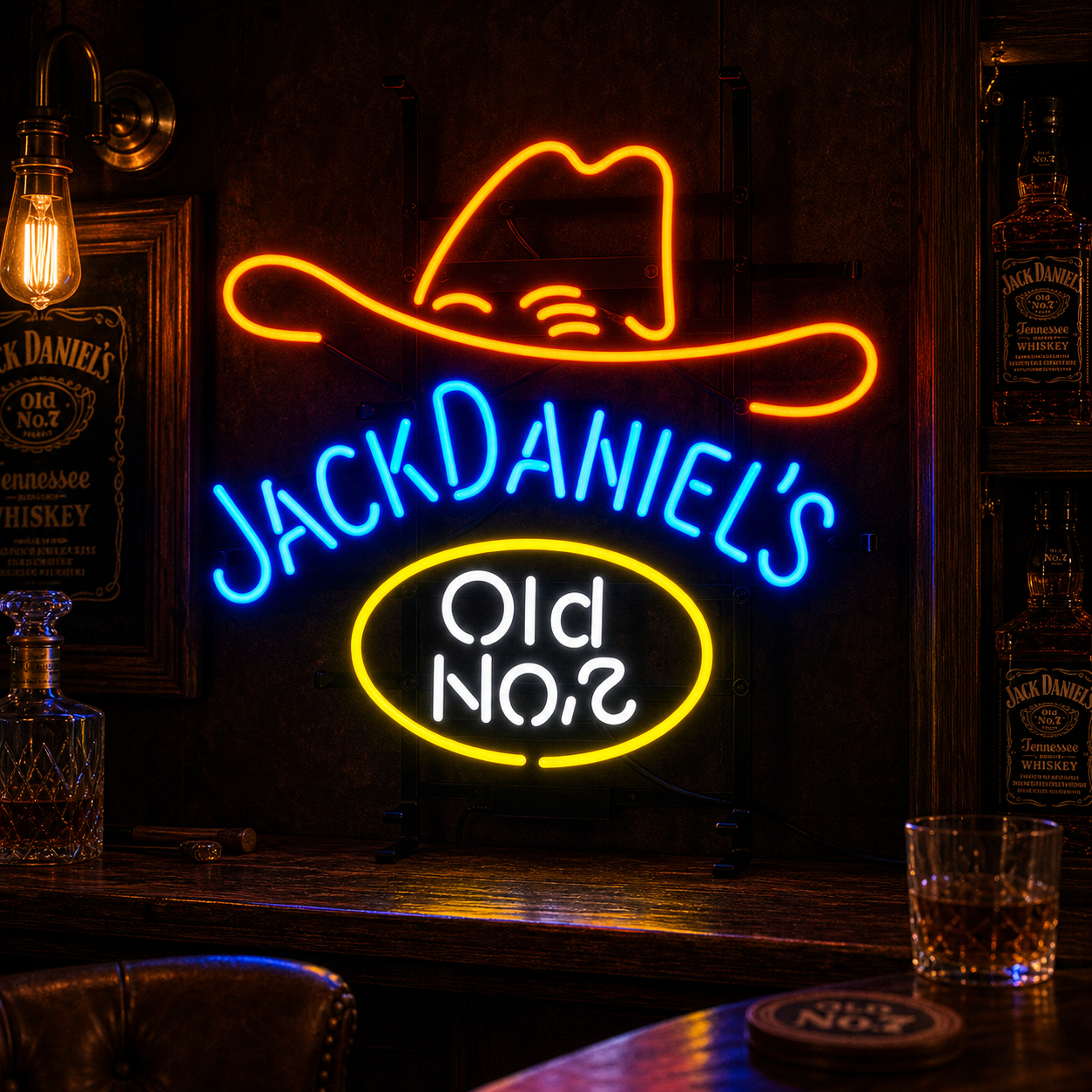 The glowing Jack Whiskey neon sign features the text "Jack Whiskey" and "Old No. 7" in an ornamental font and circular border, mounted on a clear backboard and resting on a black wireframe stand. The vibrant red and white light reflects on the wooden surface beneath it in a dimly lit room.