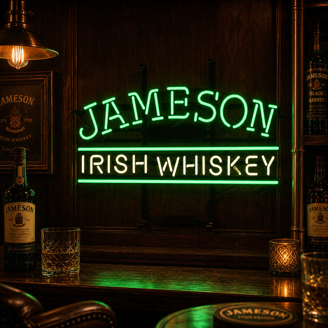 Green and white Jameson Irish Whiskey neon sign displaying the brand logo and name, illuminated on a mounting frame against a dark background.