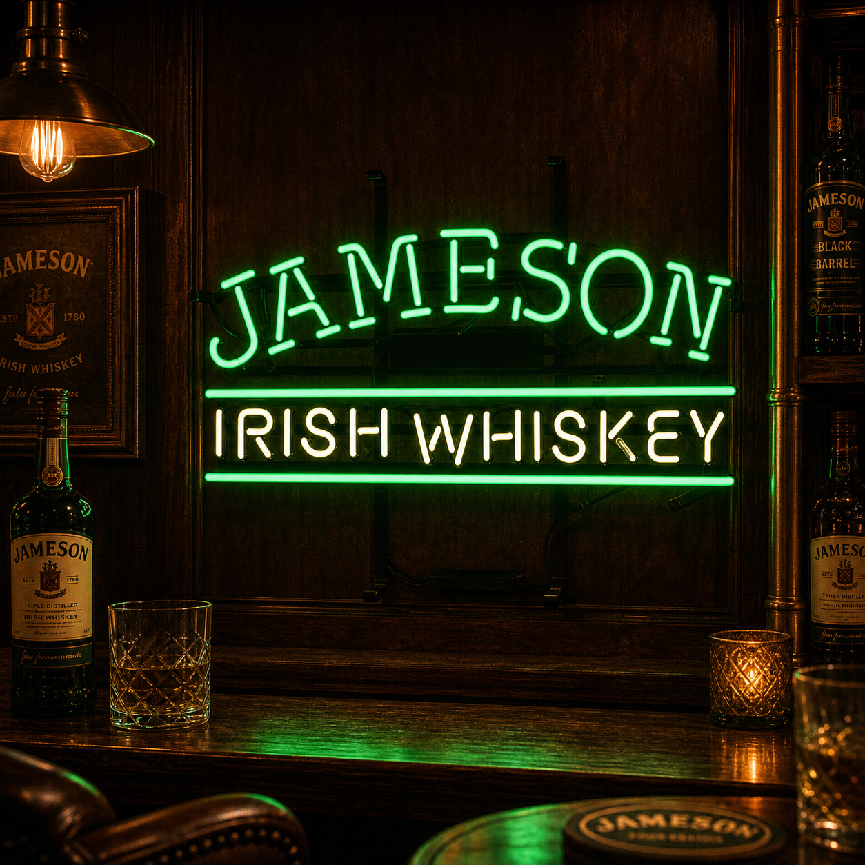 Green and white Jameson Irish Whiskey neon sign displaying the brand logo and name, illuminated on a mounting frame against a dark background.