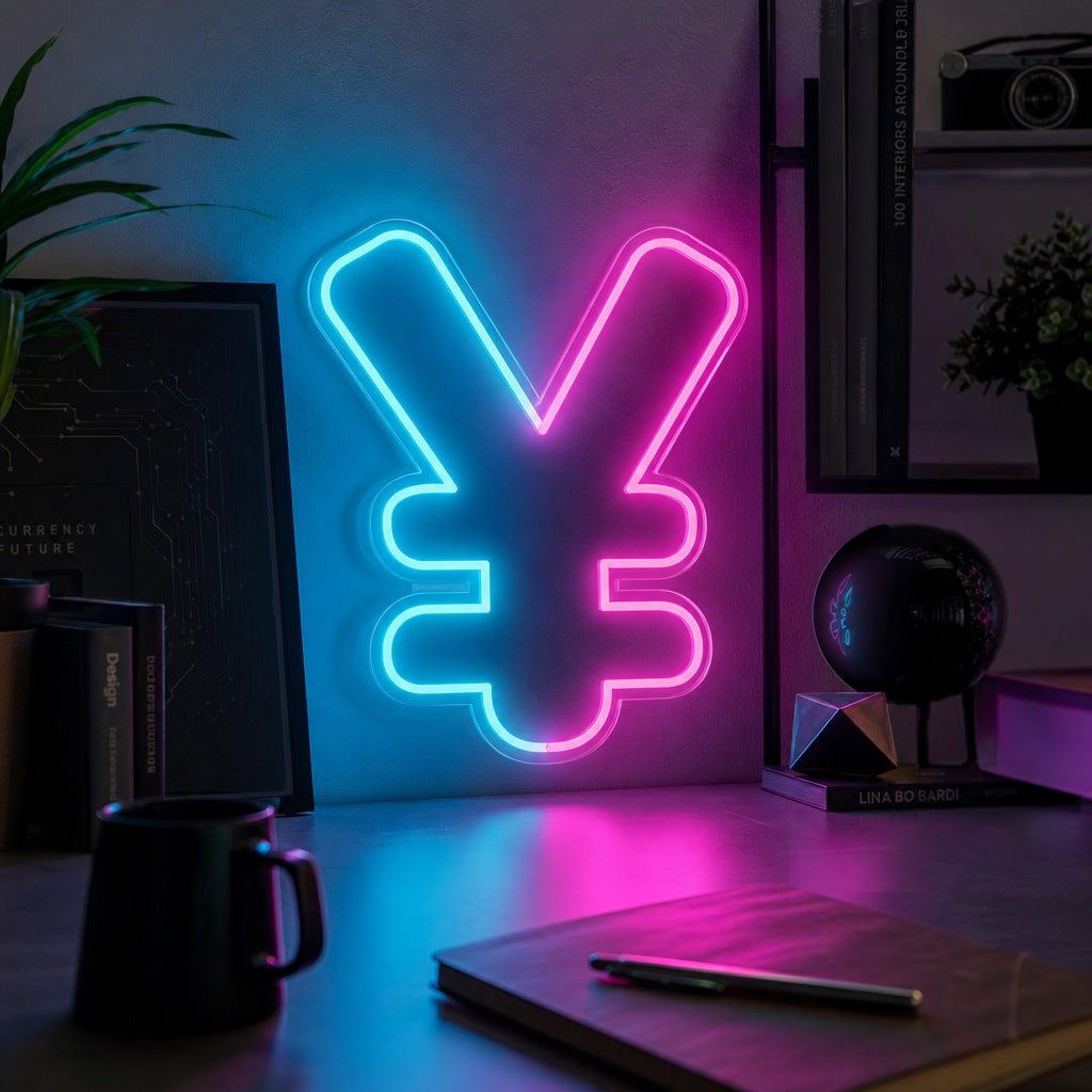 The Japanese Yen symbol glowing as a neon sign in an interior setting.