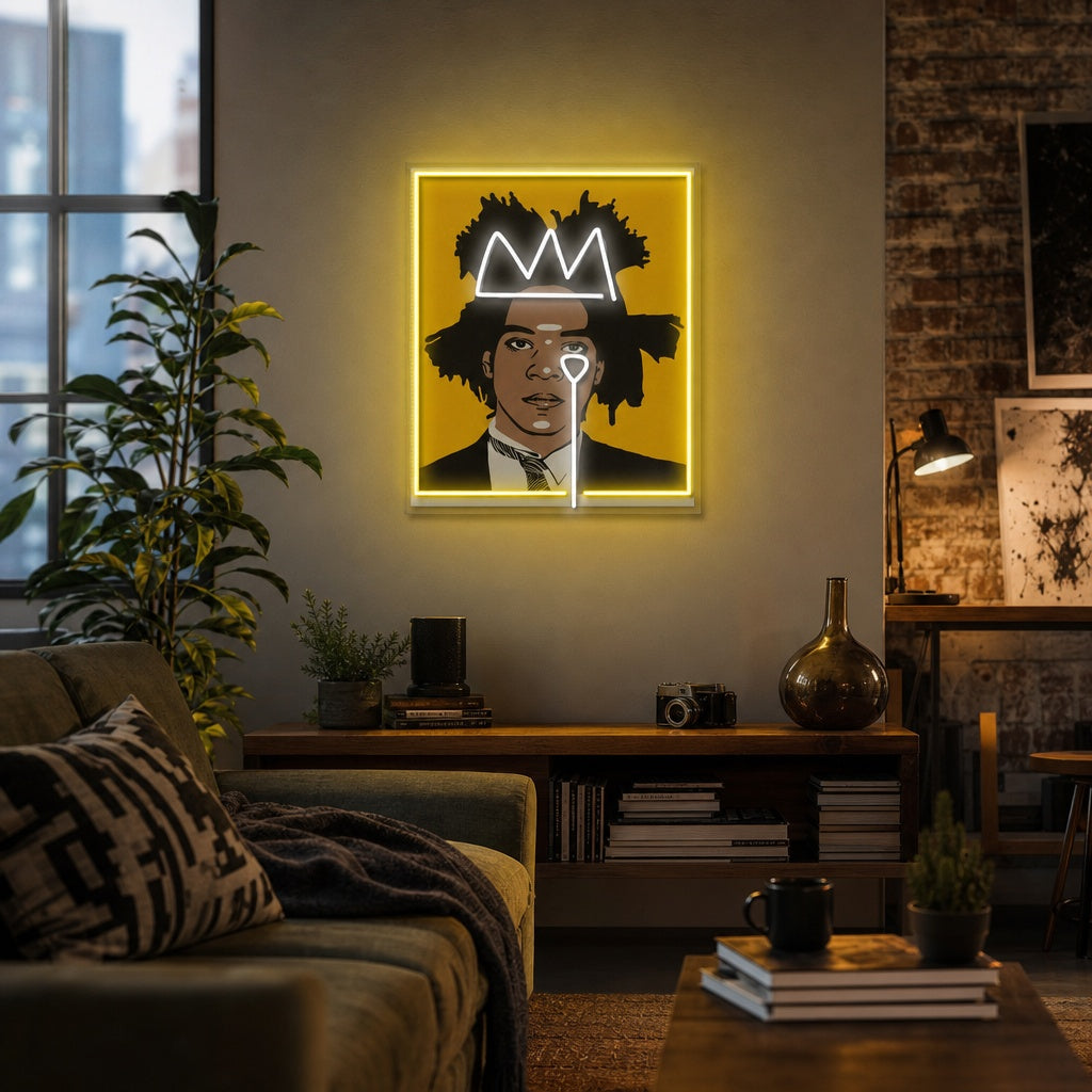 A glowing 'Jean, Artist' mixed-media UV print neon sign displayed above a mid-century modern credenza in a stylish, creative living space.
