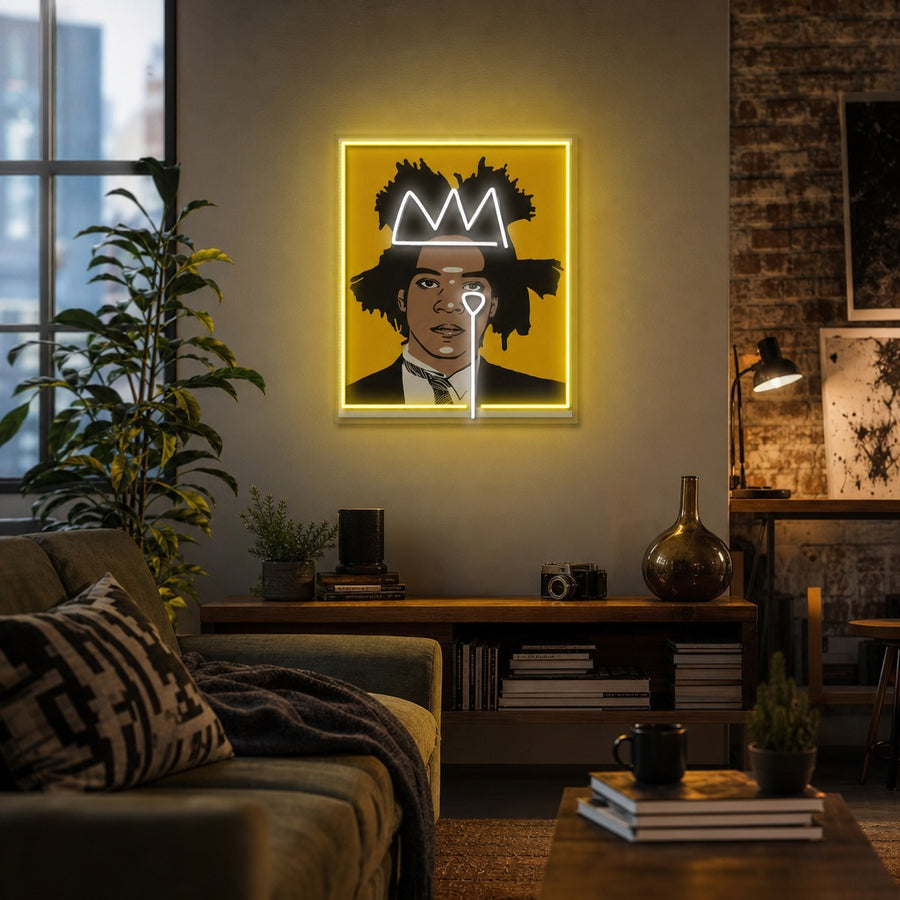 A glowing 'Jean, Artist' mixed-media UV print neon sign displayed above a mid-century modern credenza in a stylish, creative living space.