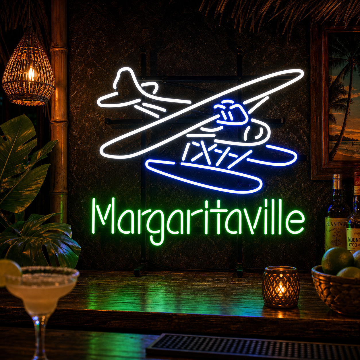 Jimmy Buffett's Margaritaville neon sign glowing colorful blue, orange, yellow, and green, featuring text and a margarita glass icon against a dark background.