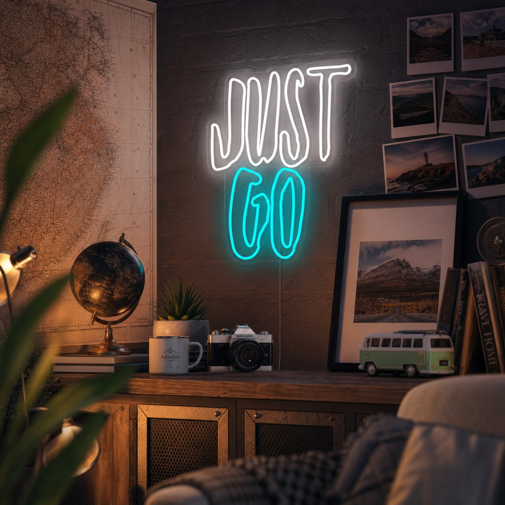 "Just Go" written in a stylish script font, glowing as a neon sign mounted on a clear backboard in an interior setting.