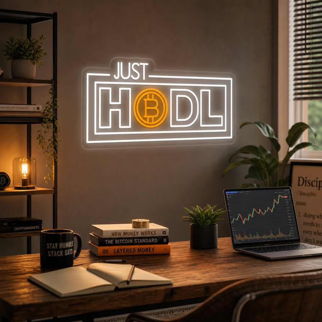 A "Just Hodl Crypto" neon sign glowing brightly on a textured wall in a modern room, creating a vibrant atmosphere.