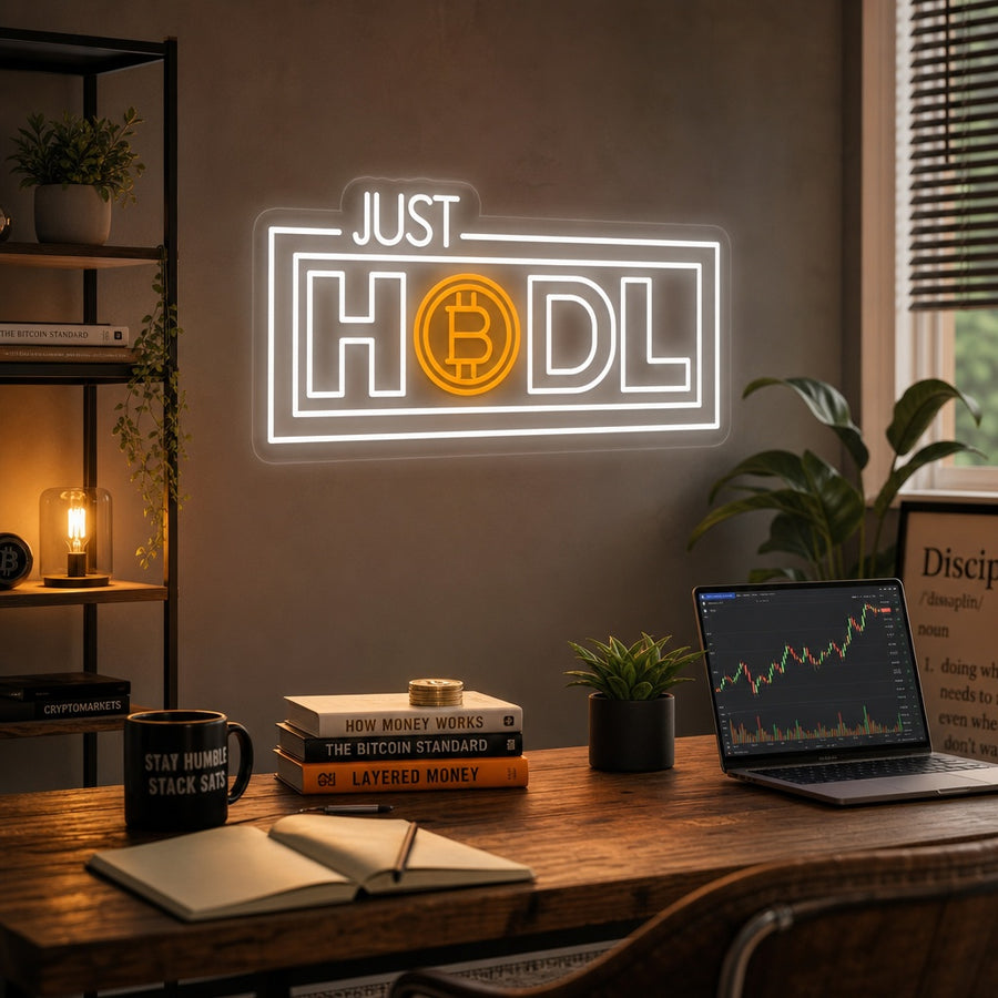 A "Just Hodl Crypto" neon sign glowing brightly on a textured wall in a modern room, creating a vibrant atmosphere.