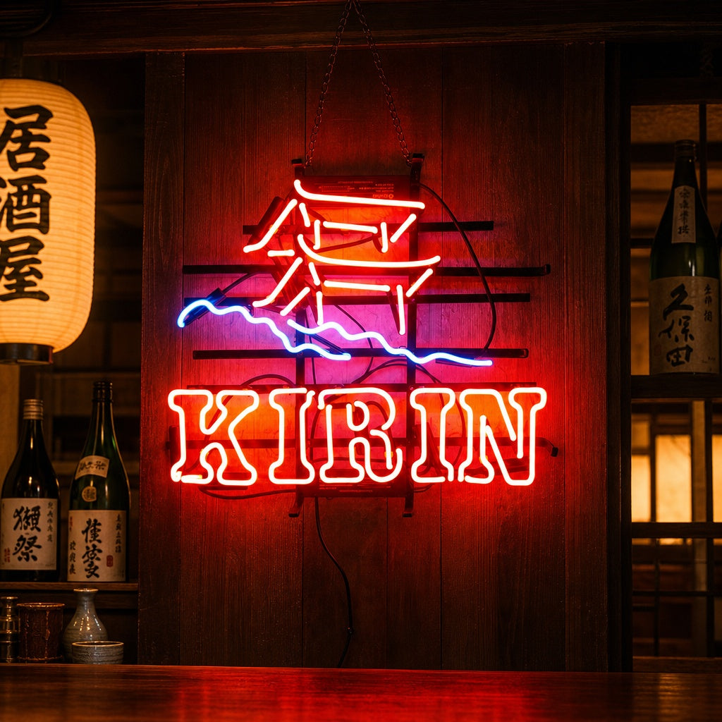 Real Kirin Beer neon sign glowing orange and white against a textured brick wall with visible glass tubing and wiring