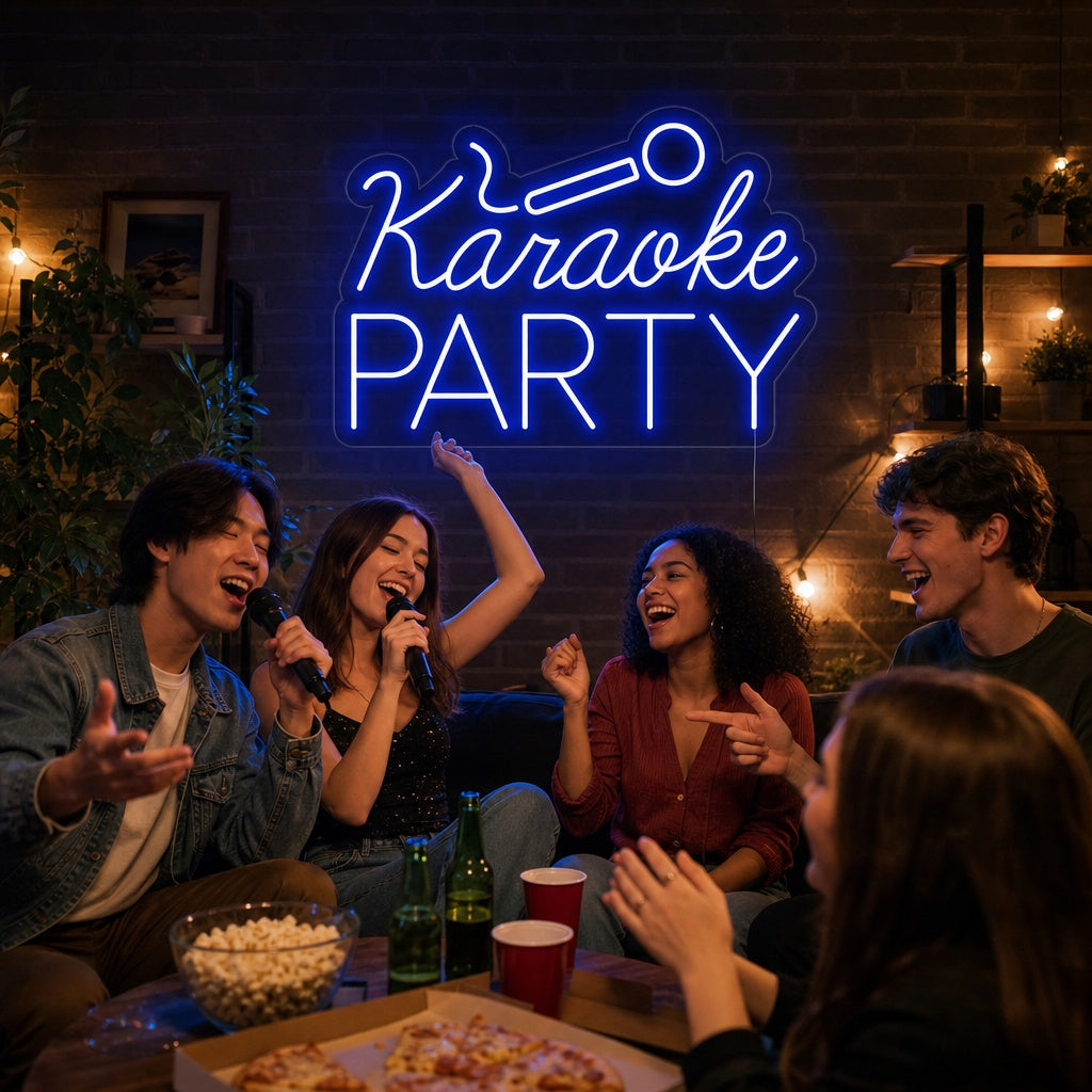 A vibrant 'Karaoke Party' neon sign with a glowing microphone icon illuminates a lively party room above excited friends celebrating.