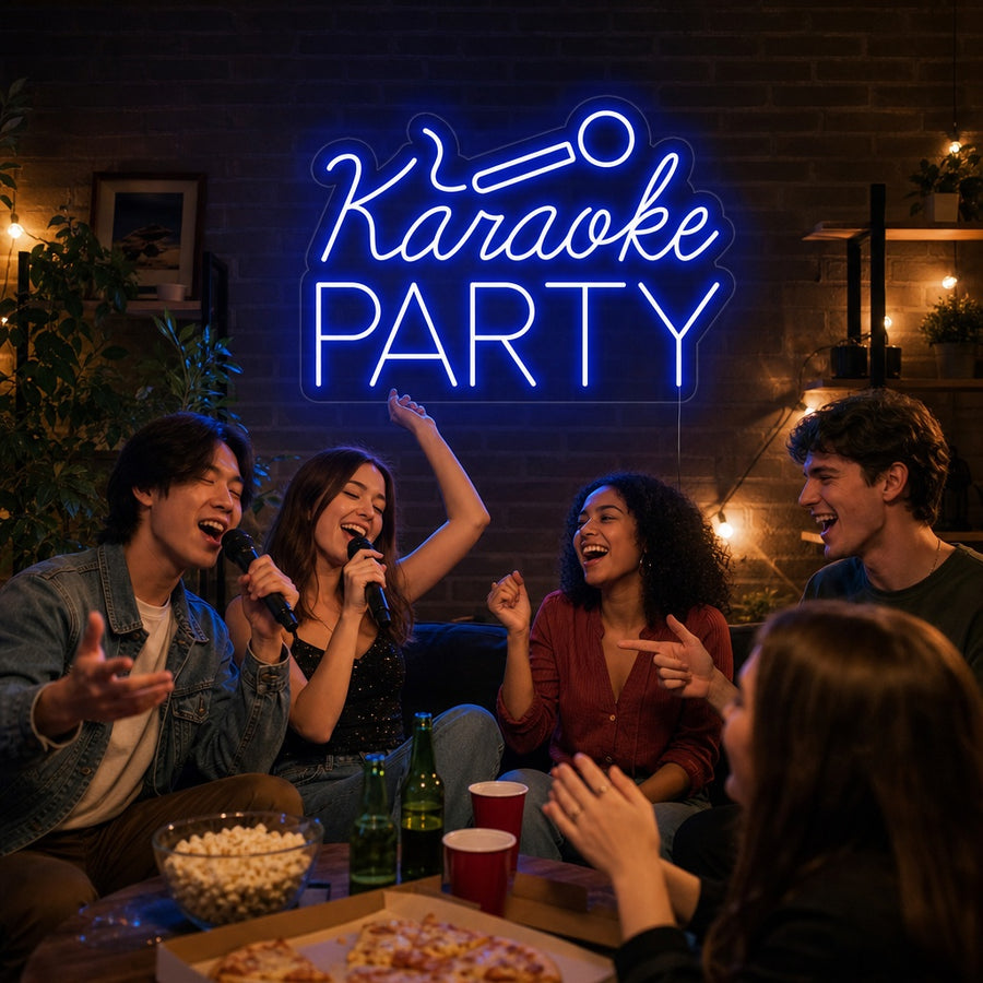 A vibrant 'Karaoke Party' neon sign with a glowing microphone icon illuminates a lively party room above excited friends celebrating.