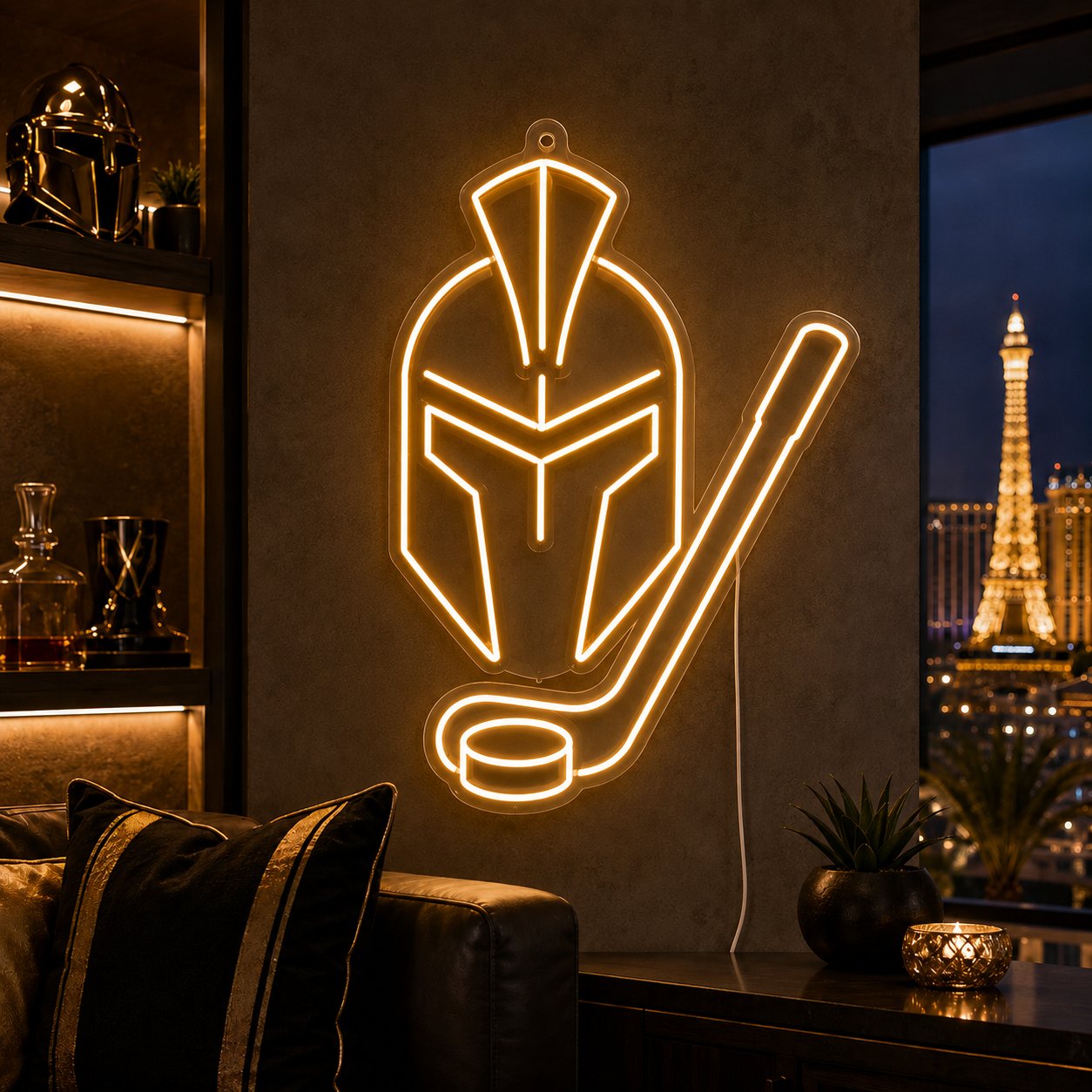 Vegas Golden Knights helmet and hockey stick neon sign