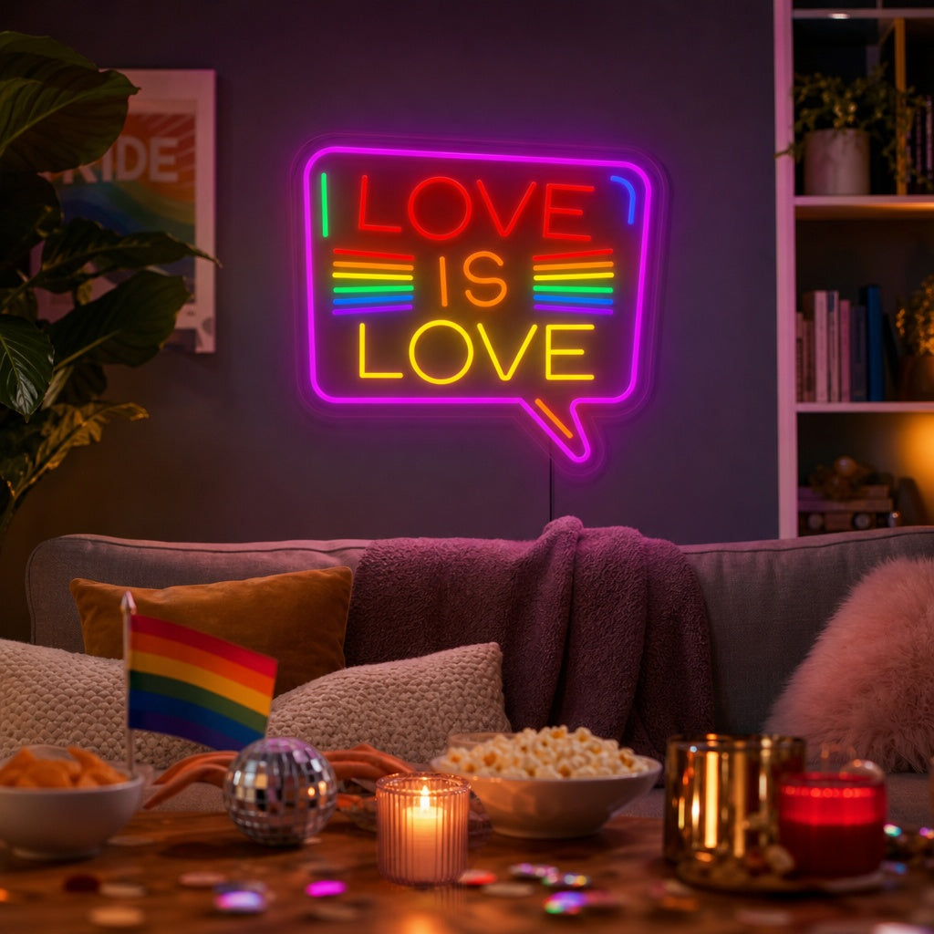 LGBT Love is Love Rainbow neon sign glowing vibrantly on a white brick wall in a contemporary living room setting.