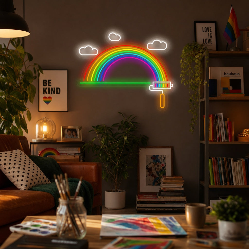 A lifestyle photograph of the illuminated LGBT Painting Rainbow neon sign mounted on a textured wall in a modern living room setting.
