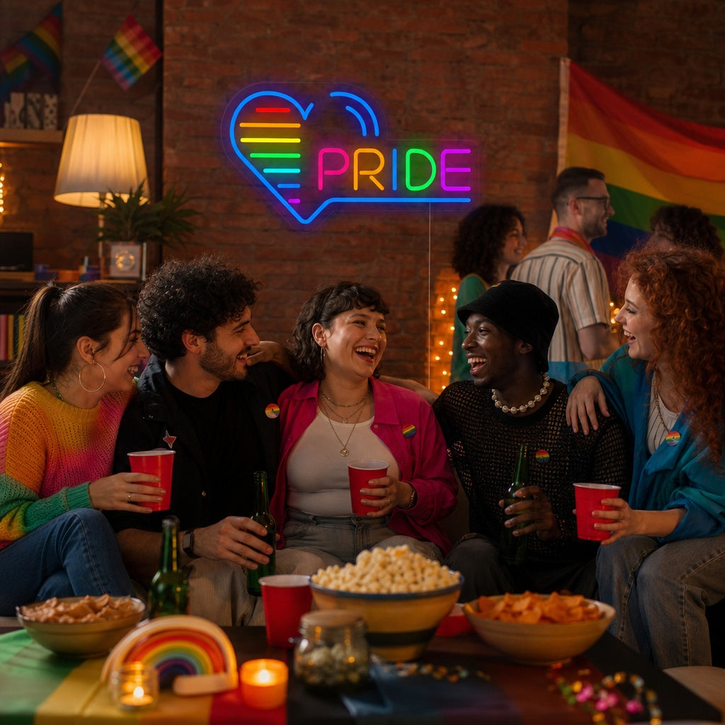 A vibrant LGBT Pride Day Heart neon sign displaying multiple colorful bands forming a heart shape, glowing on an interior wall in a modern room setting.