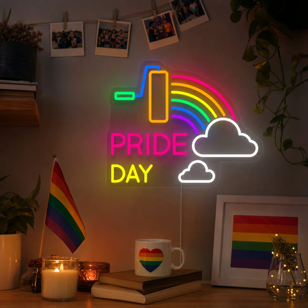 A glowing rainbow arch neon sign with 'PRIDE DAY' in text below it, illuminated on a wall above a couch in a modern apartment setting.