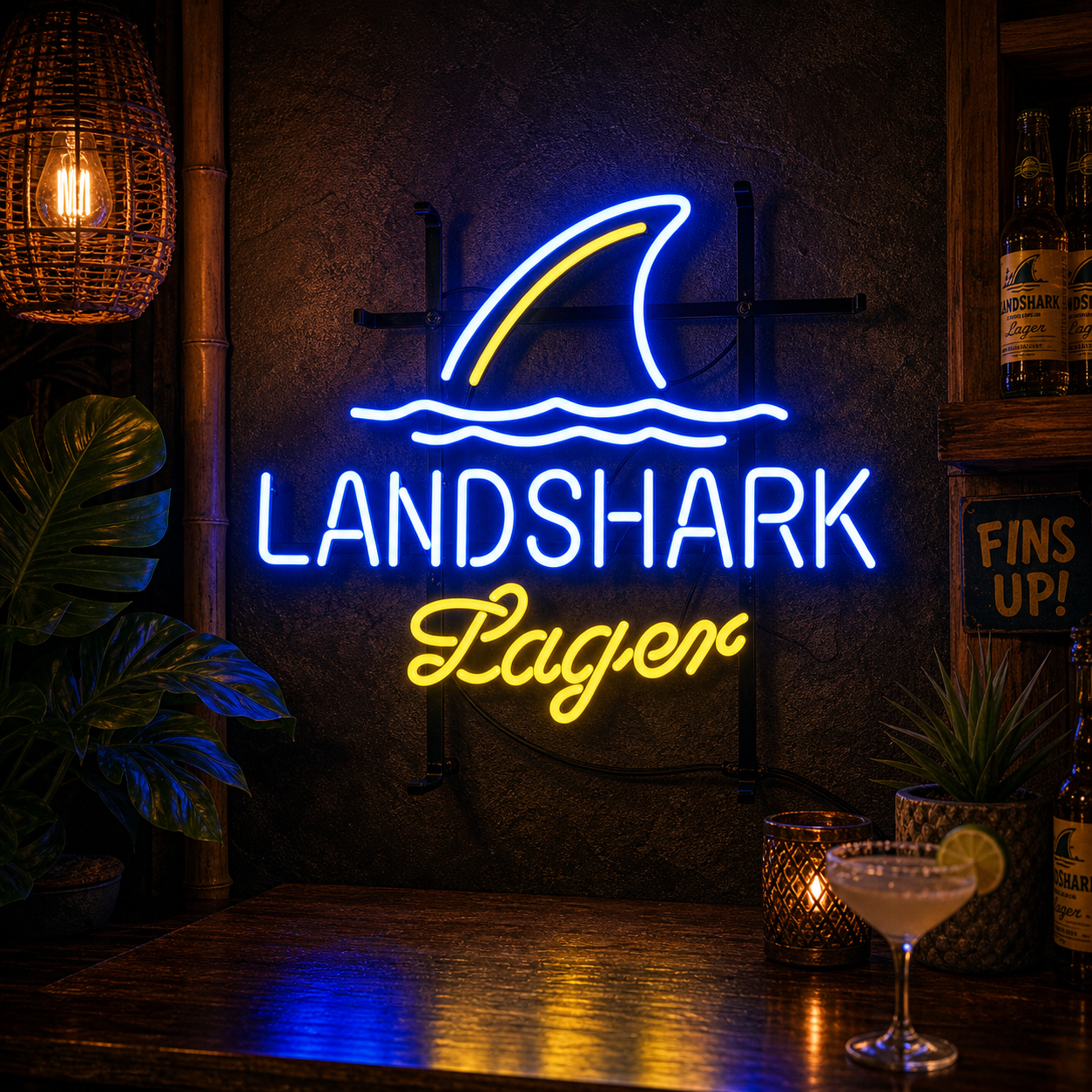 Landshark Lager Beer yellow and red neon sign glowing in a dimly lit bar setting.