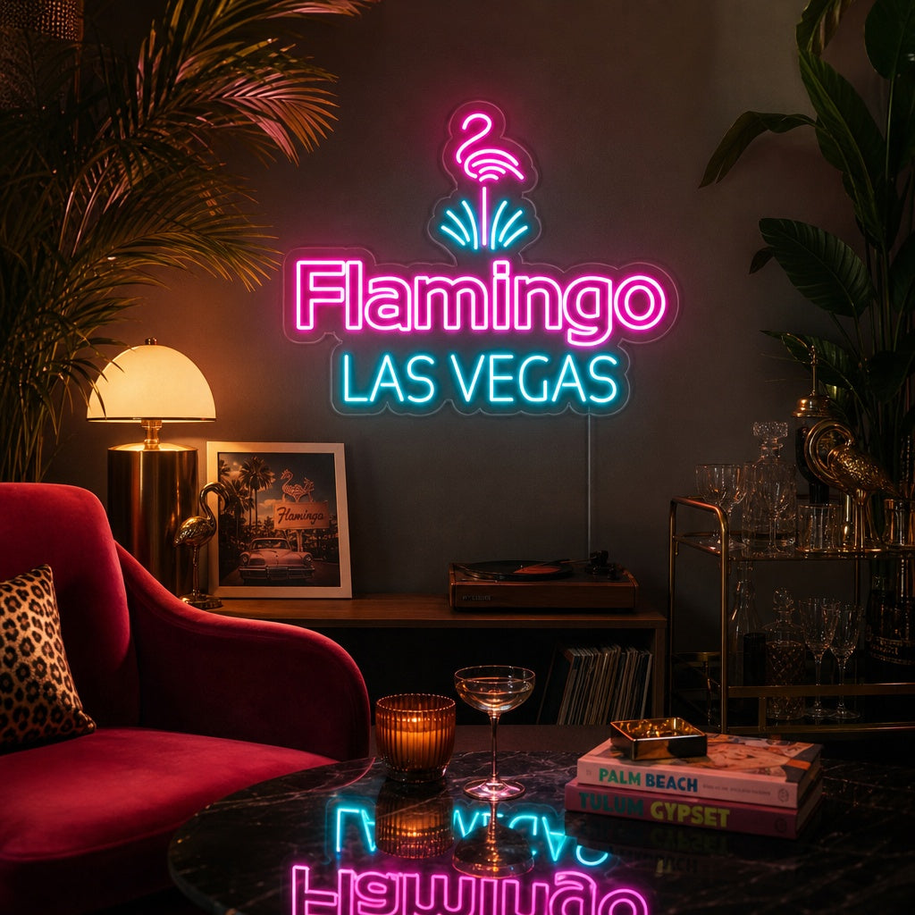 A lifestyle photo of the 'Flamingo Las Vegas' neon sign mounted on a stylishly textured wall in a modern room, casting a warm pink glow and showing subtle details of the design.