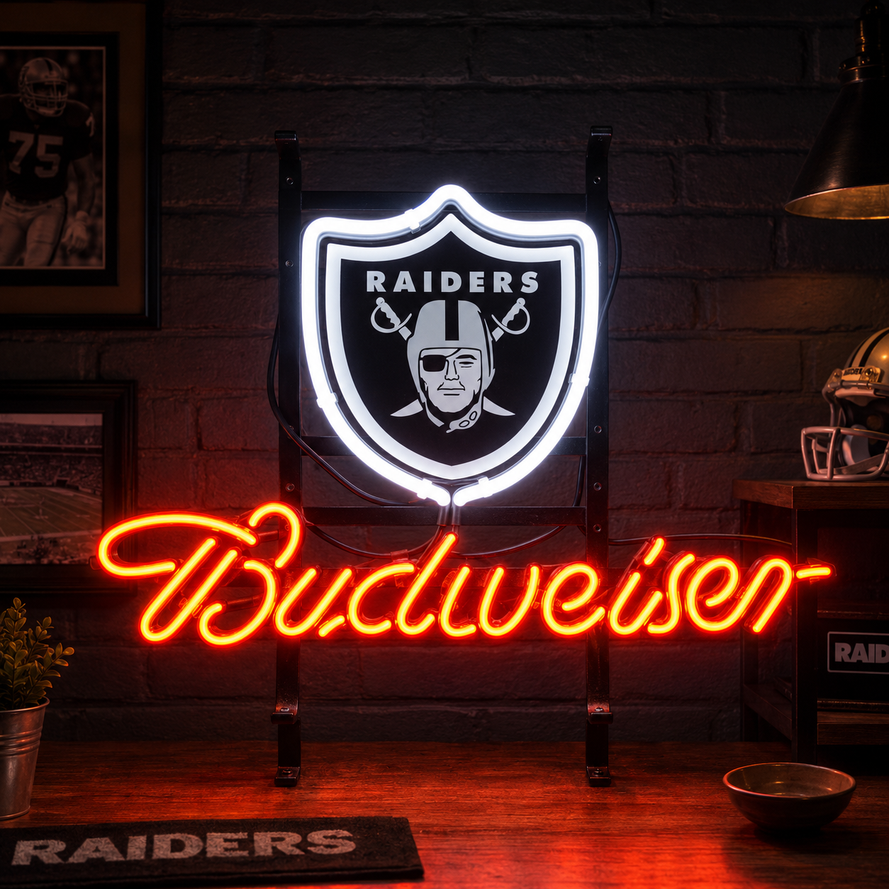 Raiders and Budweiser neon sign for a Las Vegas football home bar