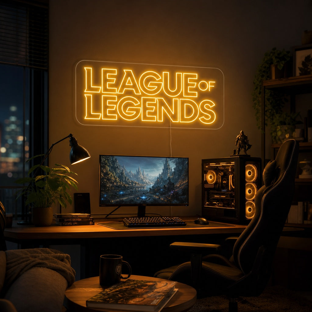 Handcrafted League of Legends neon sign mounted on a textured blue wall in a modern game room, casting an electric blue and purple glow over a gaming desk with keyboard and mouse.