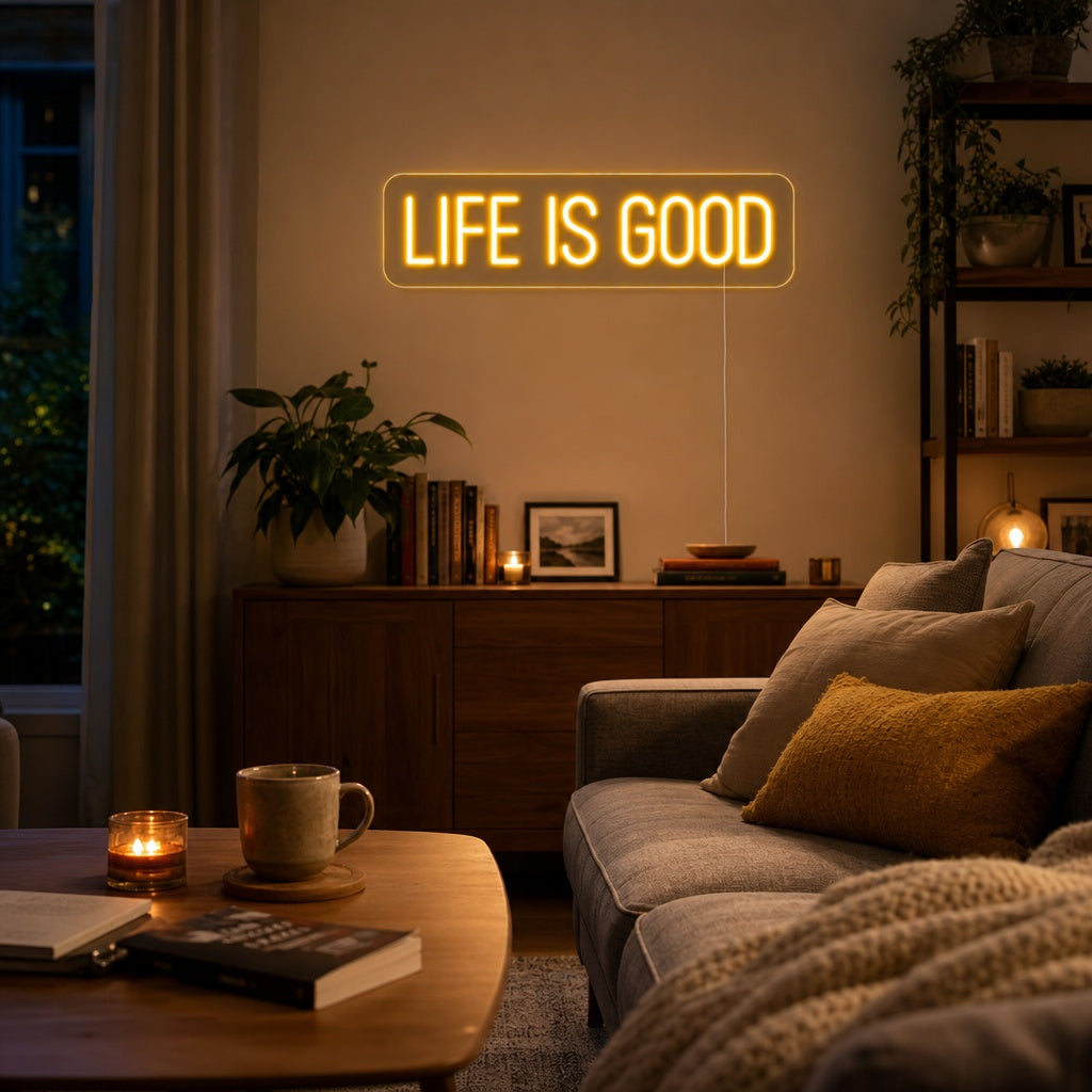 A lifestyle photo showing a brightly lit 'Life is Good' neon sign on a cozy living room wall.