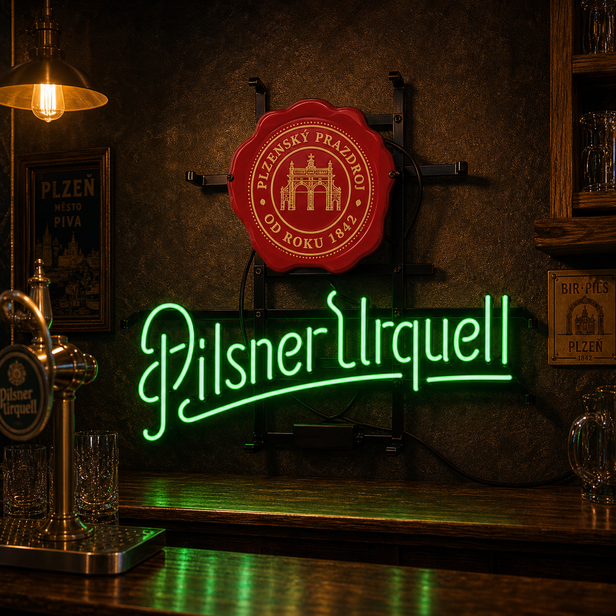 Illuminated authentic Pilsner Urquell Neon Sign featuring the classic brewery logo on a dark background