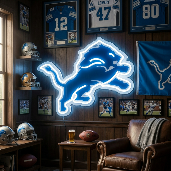 Detroit Lions leaping lion logo neon sign for a game room