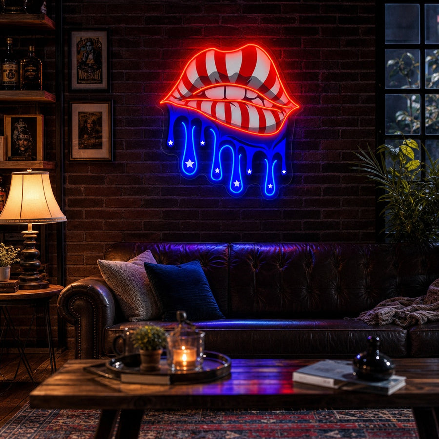 A glowing neon sign featuring large red lips with a dripping American flag design inside, mounted on a dark brick wall.